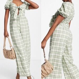 Missguided Green Plaid Tie Front Jumpsuit Puff Sleeve Wide Leg NWT 8